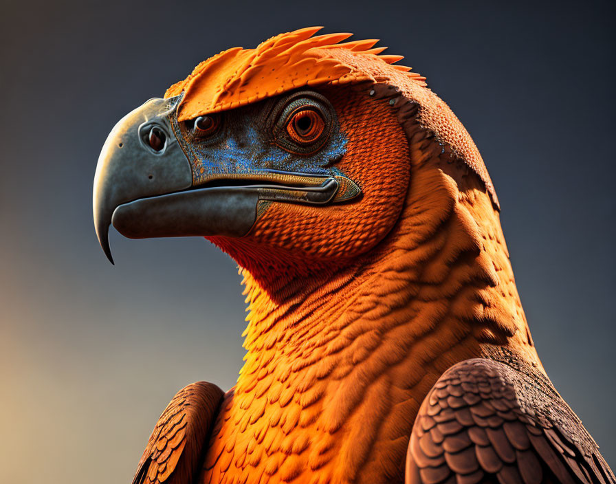 Orange-feathered bird with sharp beak and blue eyes on blurred background