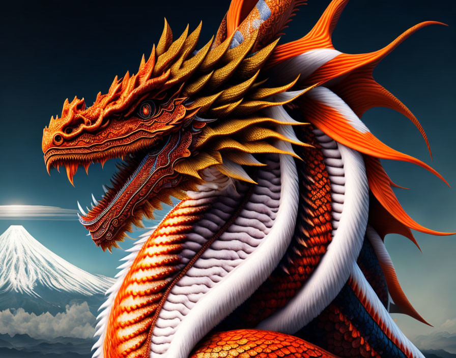 Colorful dragon with orange and white scales against serene blue sky and snowy mountain