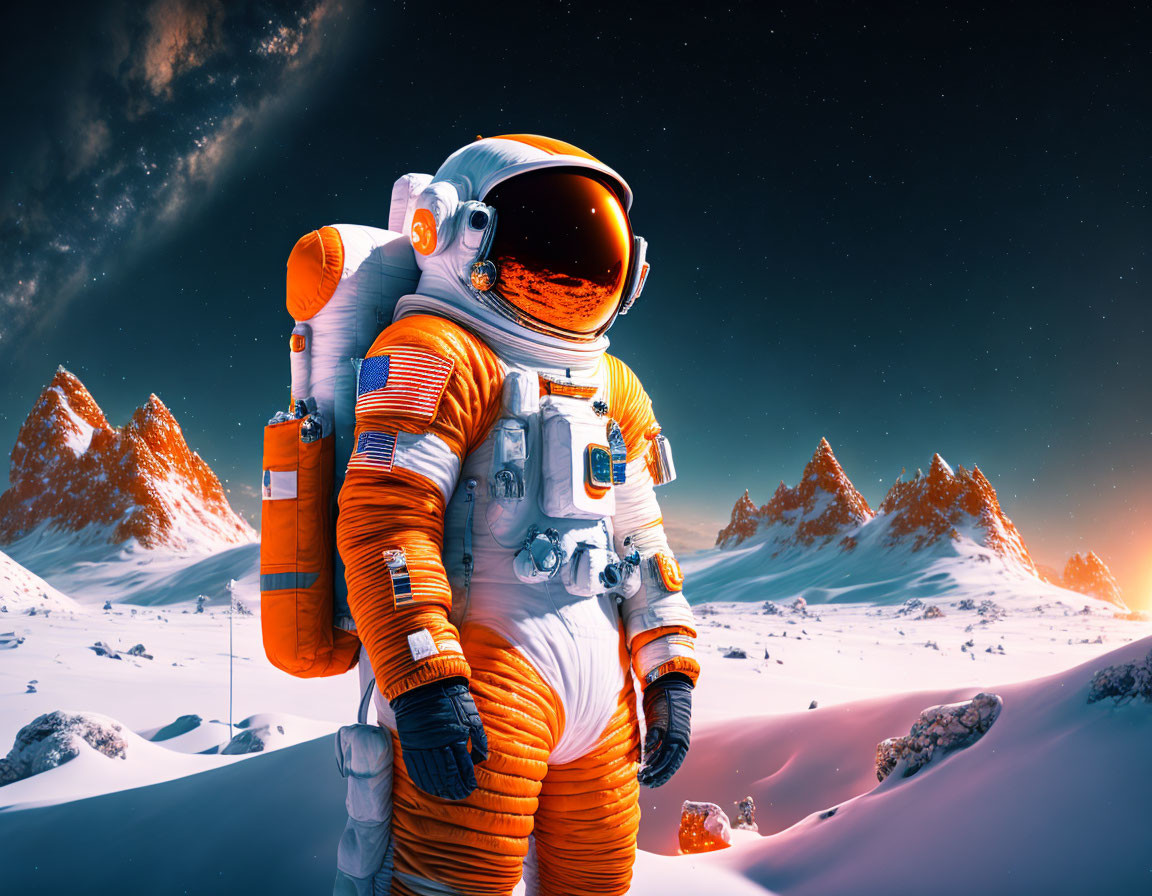 Astronaut in orange spacesuit on snowy alien landscape with mountains