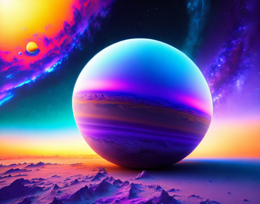 Colorful digital artwork of swirling planet in neon cosmic scene