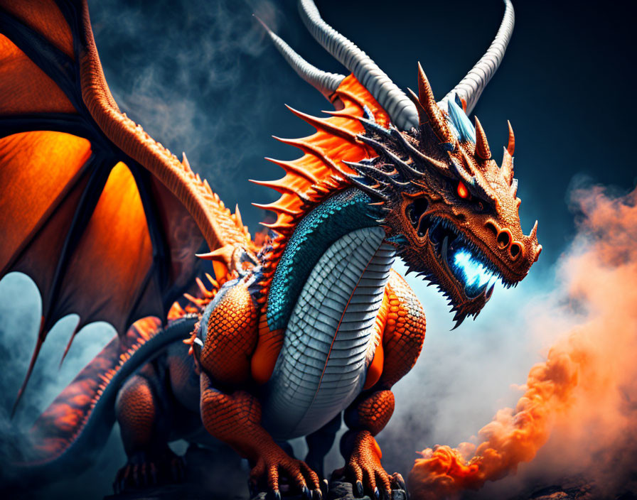 Orange dragon breathing blue flame against dark sky