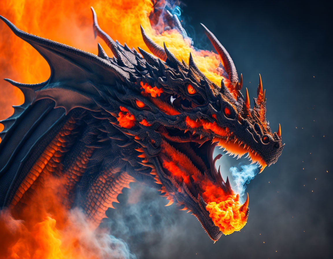 Fiery Three-Headed Dragon Breathing Flames