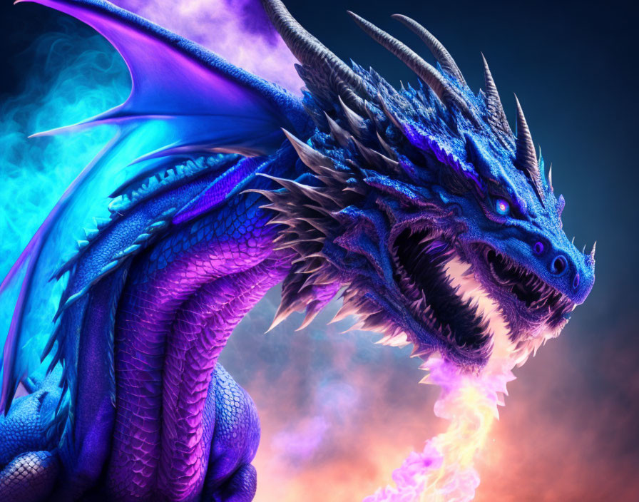 Detailed blue dragon exhaling fiery breath on mystical background