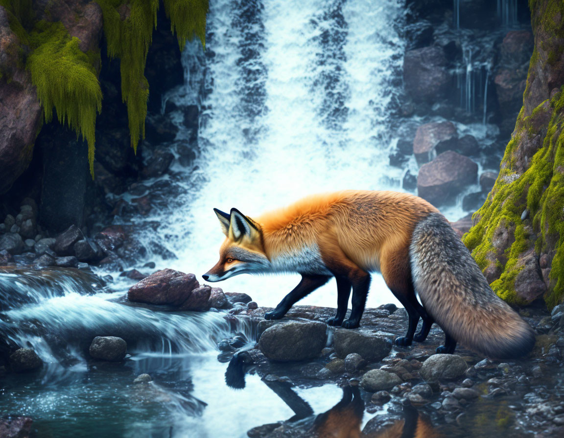 Orange fox by rocky stream with waterfall and green moss