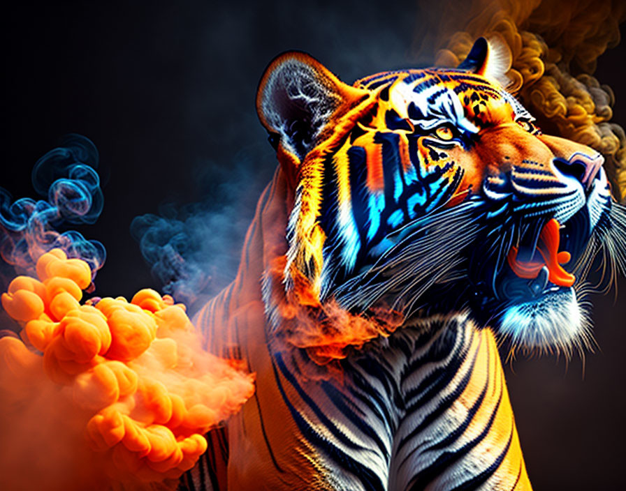 Vivid orange and blue fierce tiger in swirling smoke and flames