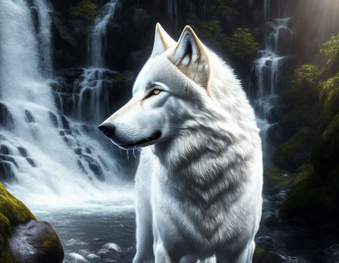 White Wolf Profile by Scenic Waterfall and Rocks