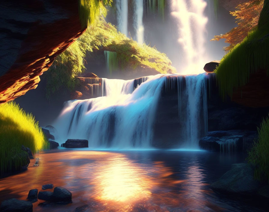 Tranquil waterfall in lush setting with warm sunlight