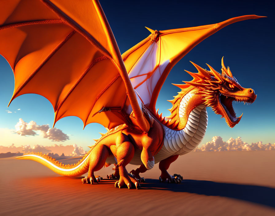 Majestic Orange Dragon with Wings in Sunset Sky