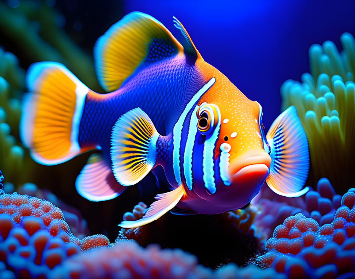 Colorful Clownfish and Sea Anemones in Blue Underwater Scene