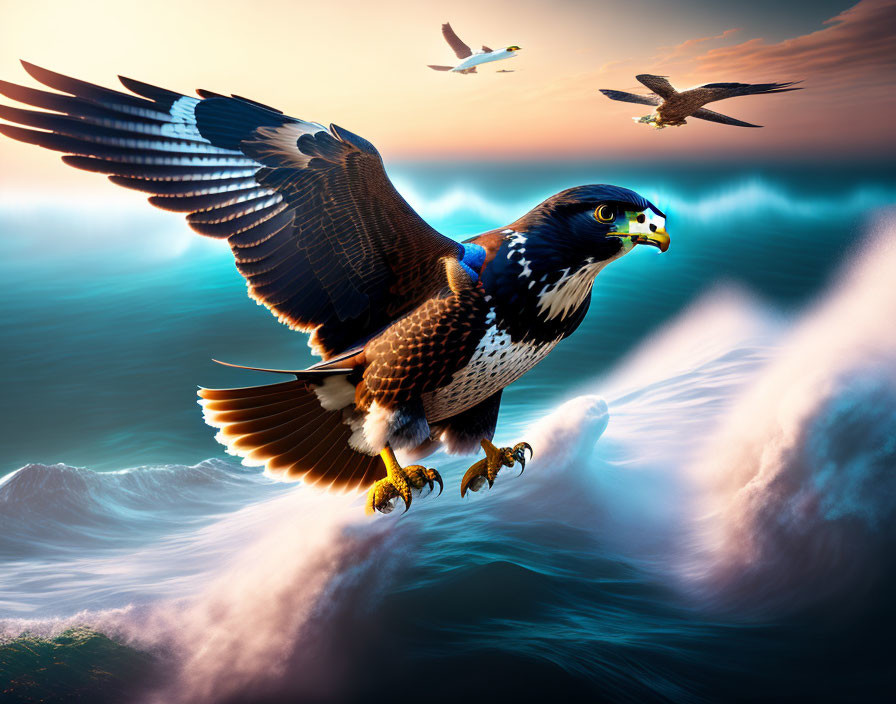 Majestic eagle soaring over ocean waves at sunset