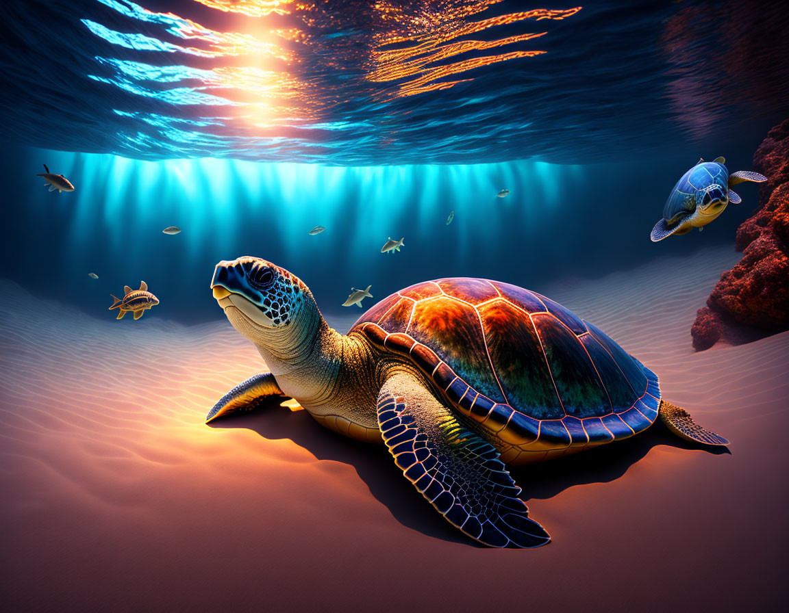 Sea turtles swimming near coral reefs in sunlit ocean with small fish.