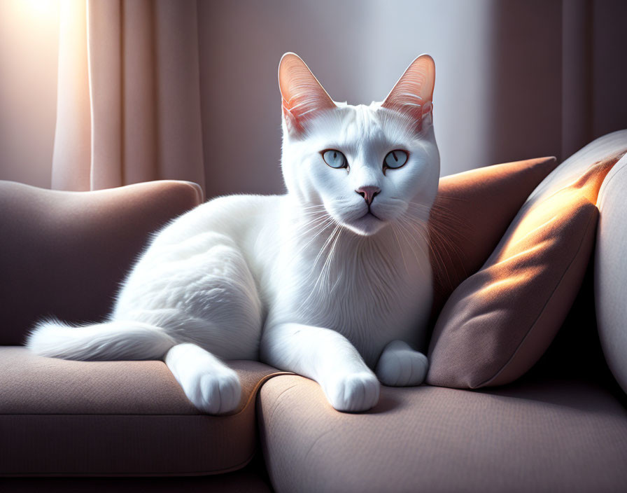 White Cat with Blue Eyes Relaxing on Beige Sofa in Sunlight