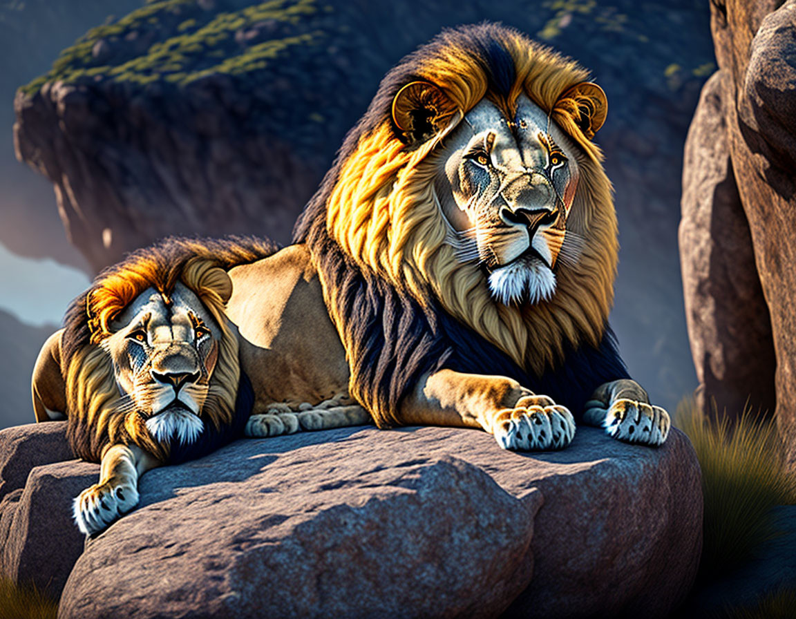 Majestic lions with thick manes on rock in golden light