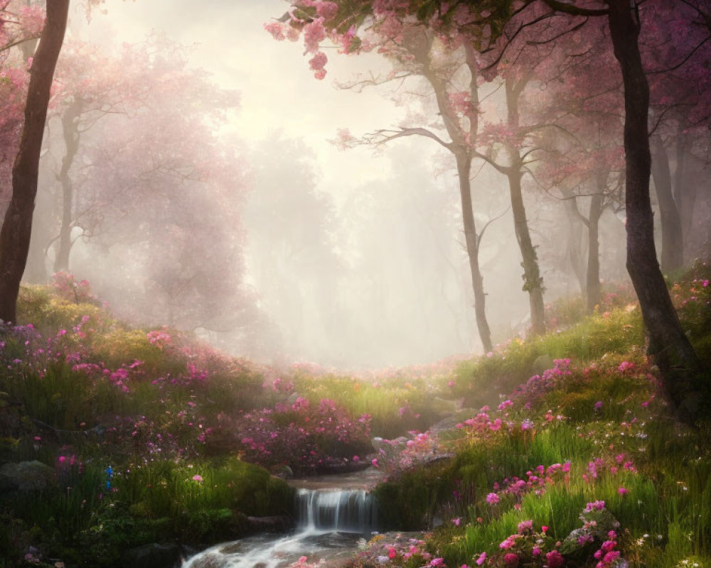 Tranquil forest landscape with cherry blossoms and babbling brook