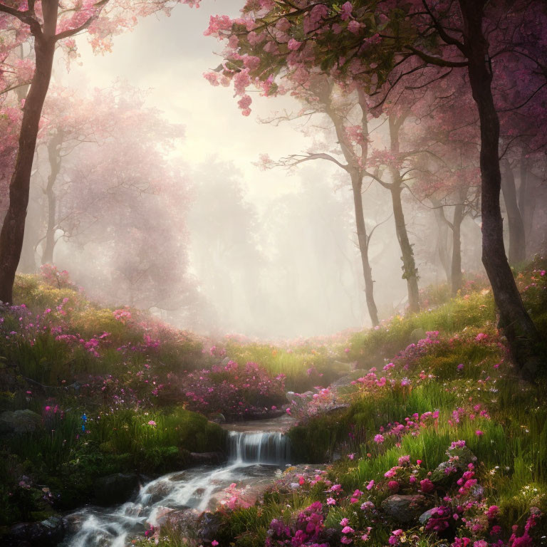 Tranquil forest landscape with cherry blossoms and babbling brook