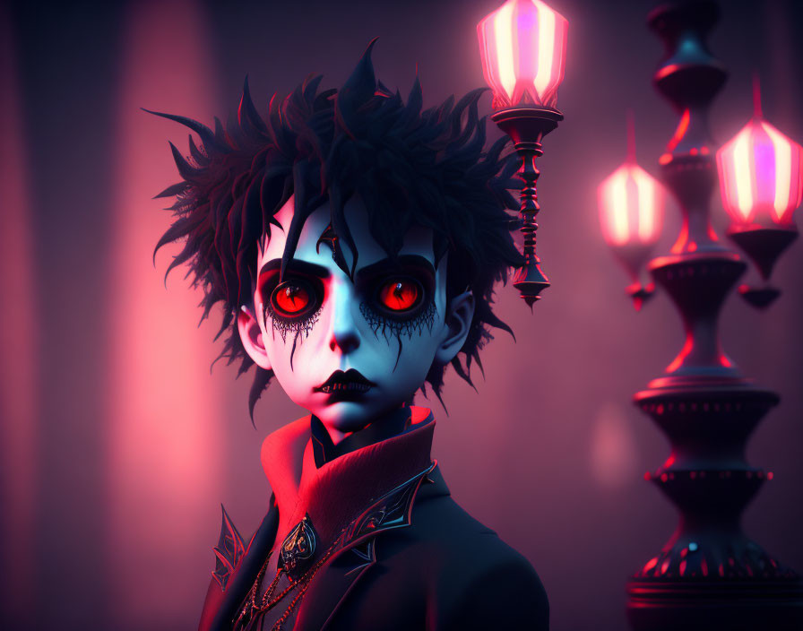 Stylized 3D illustration of a gothic character with red eyes and dark makeup