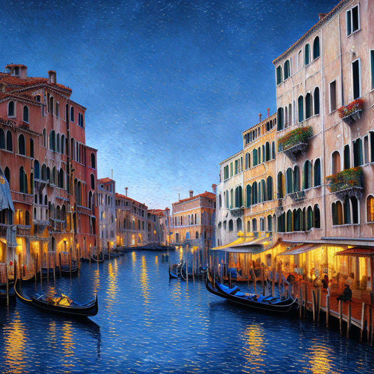 Historic buildings and gondolas on Venetian canal at night