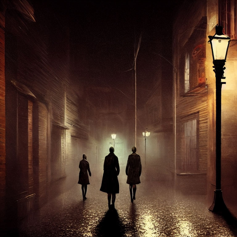 Silhouetted Figures Walking on Misty Cobblestone Street at Night