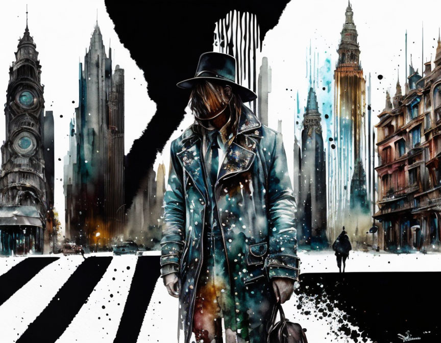 Person in trench coat and hat on crosswalk with cityscape and colorful splashes.