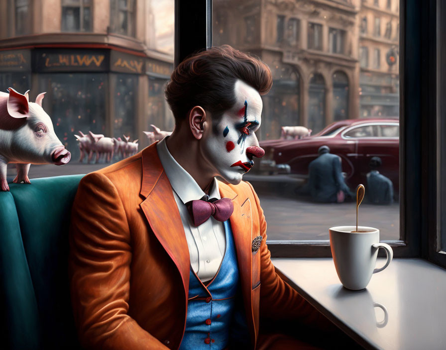 Clown with makeup in diner gazes at vintage cars and pigs on city street