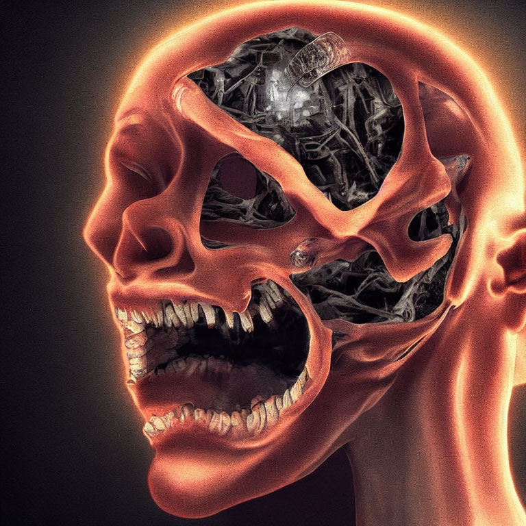 Detailed 3D-rendered human skull with glowing orange outline and intricate internal structures.