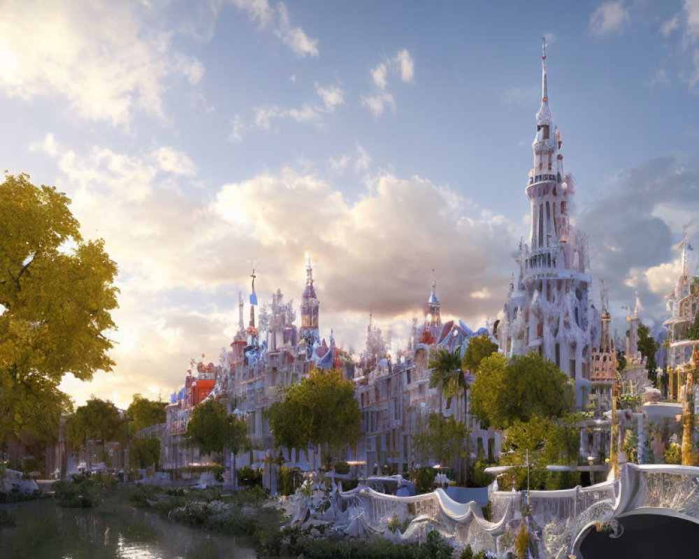 Majestic fairytale castle with ornate towers in lush garden by serene river