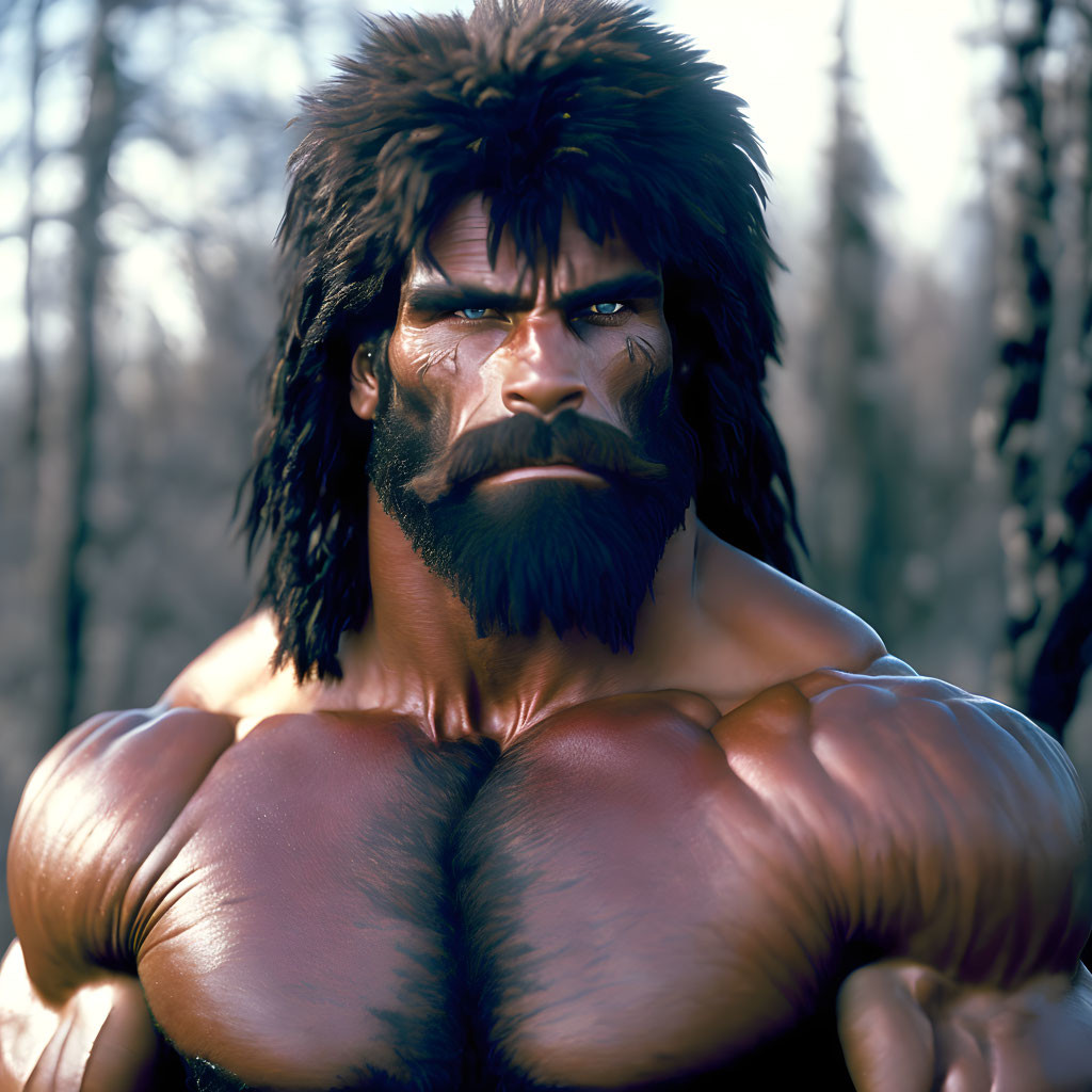 Muscular animated character with prominent beard and wild black hair in forest setting