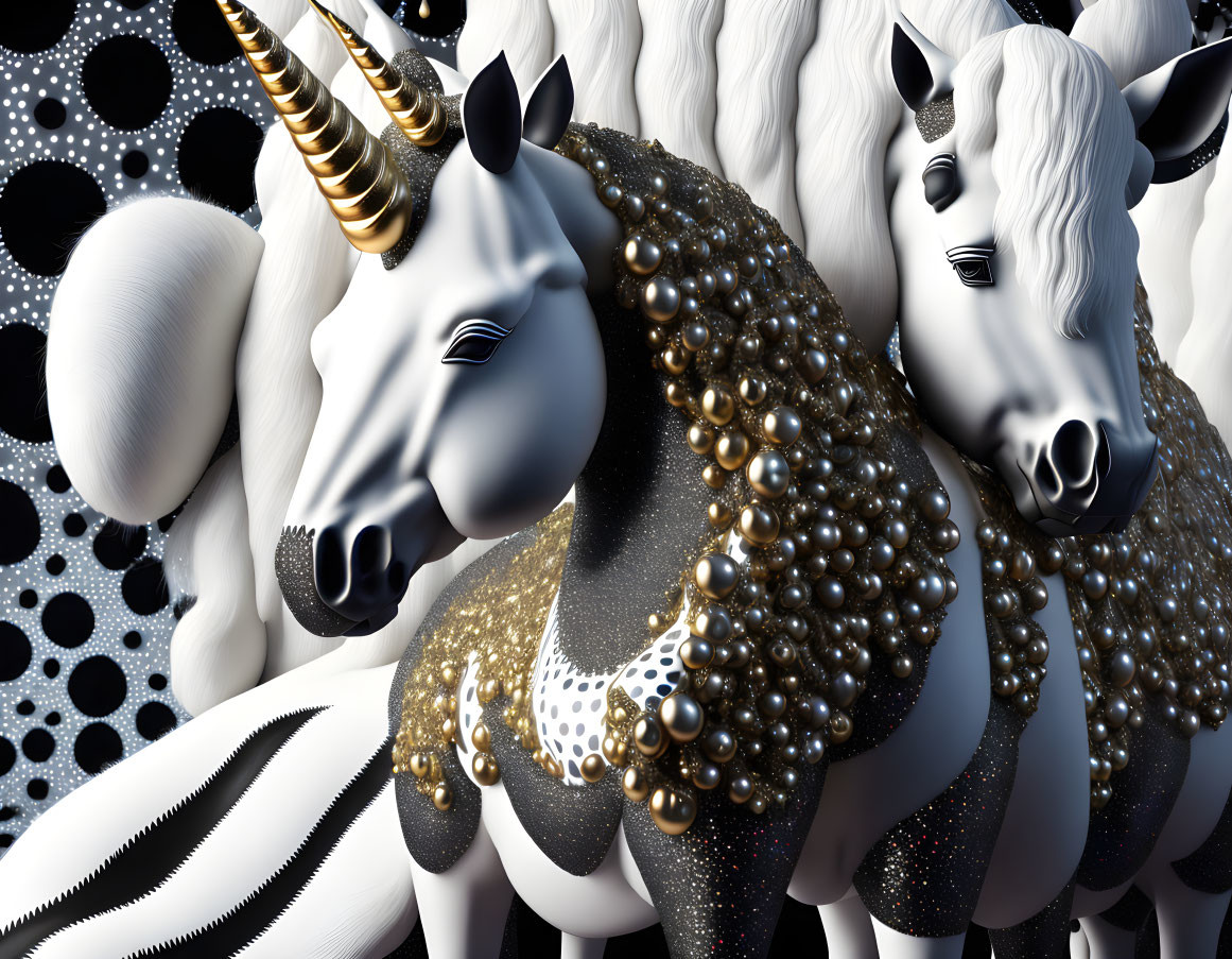 Stylized unicorns with striped patterns and golden bead accents on dotted backdrop