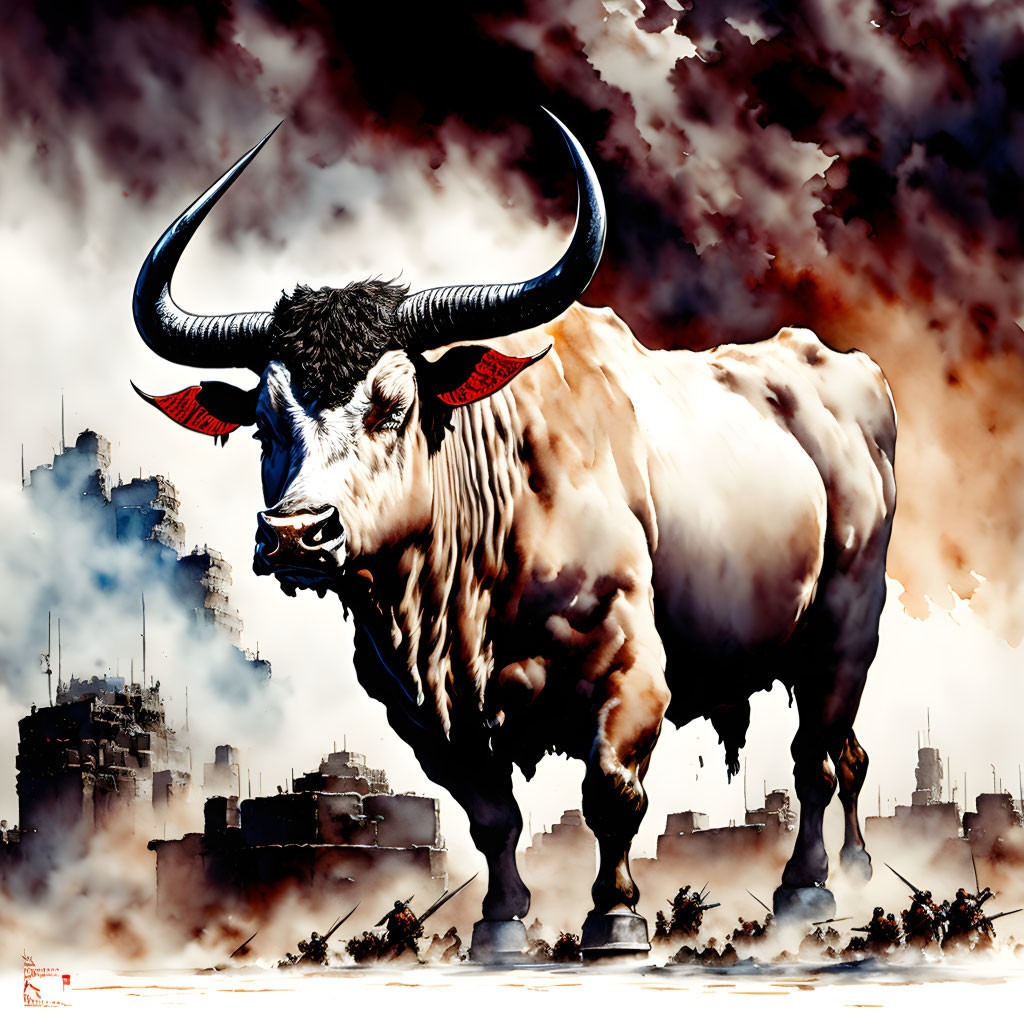 Stylized illustration of a bull with long horns in urban landscape