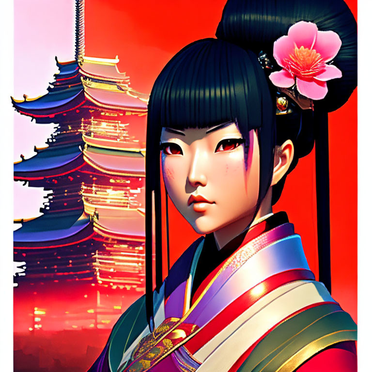 Digital art portrait of a woman in Japanese attire with pagoda and red sky.