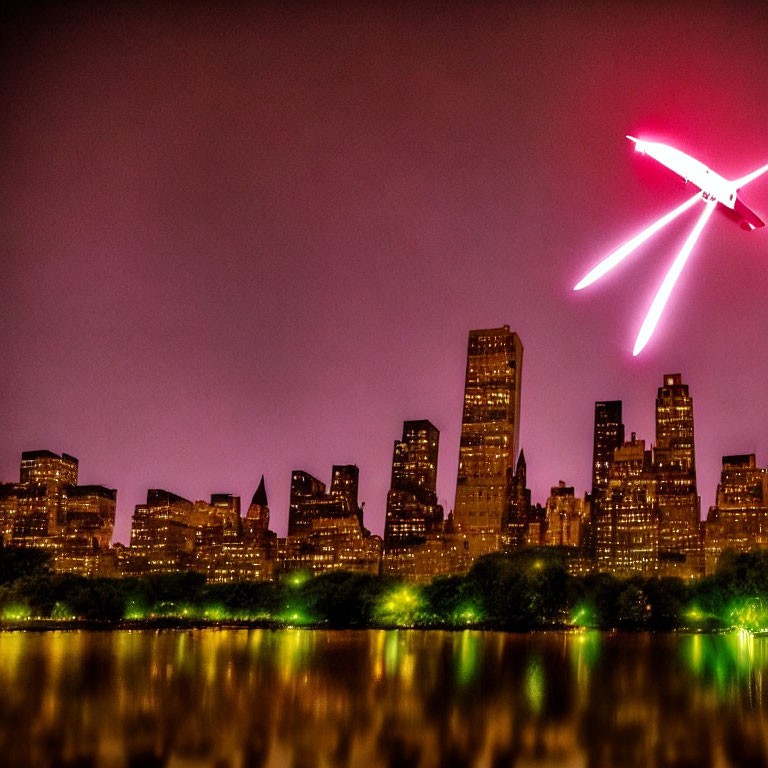 City skyline at night under purple sky with bright streaks reflected on water