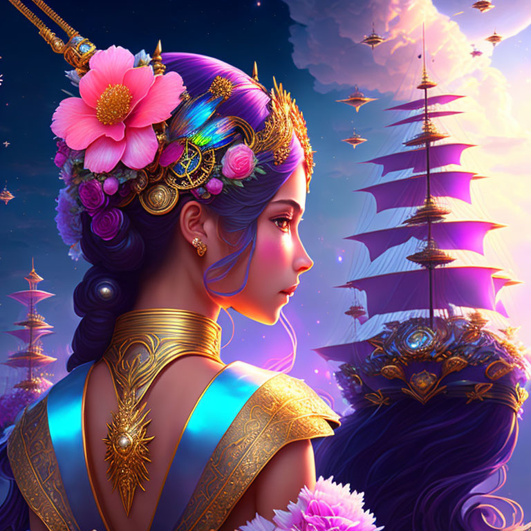 Colorful floral hair accessories and gold jewelry on woman gazing at floating ships at twilight