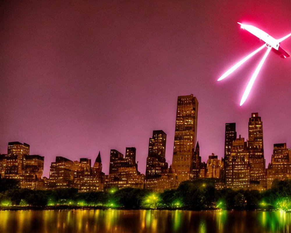 City skyline at night under purple sky with bright streaks reflected on water