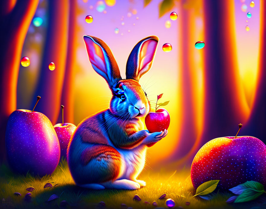 Colorful Rabbit with Red Apple in Enchanted Forest