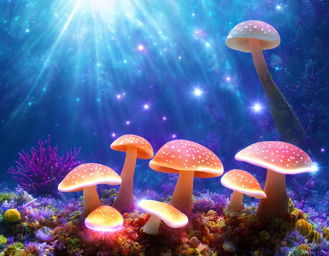 Bioluminescent mushrooms and coral in starlit underwater scene