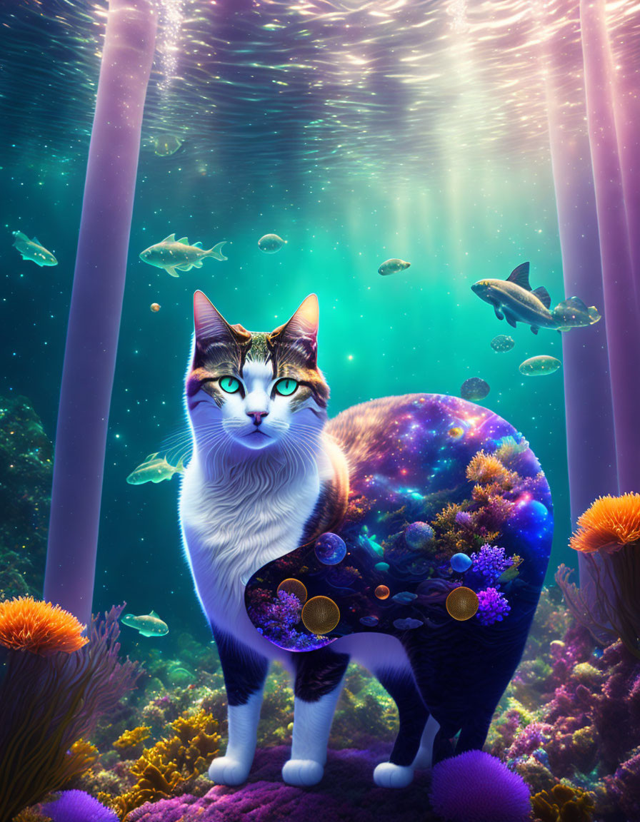 Galaxy-patterned cat in underwater scene with coral and fish