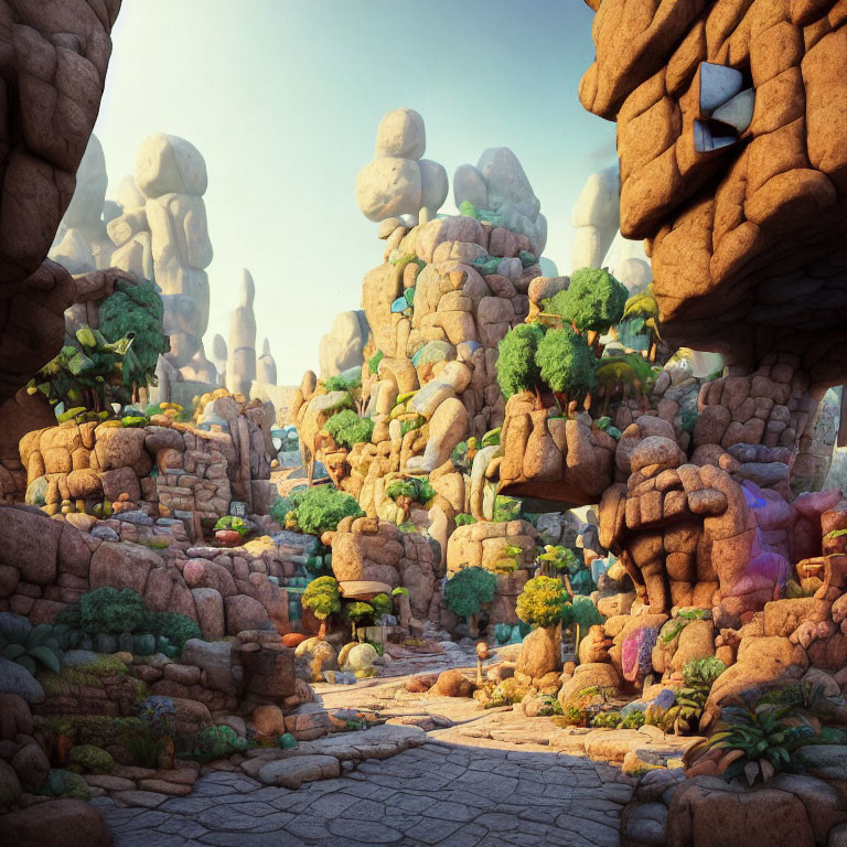 Enchanting animated landscape with cobblestone path, whimsical rock formations, lush vegetation, and