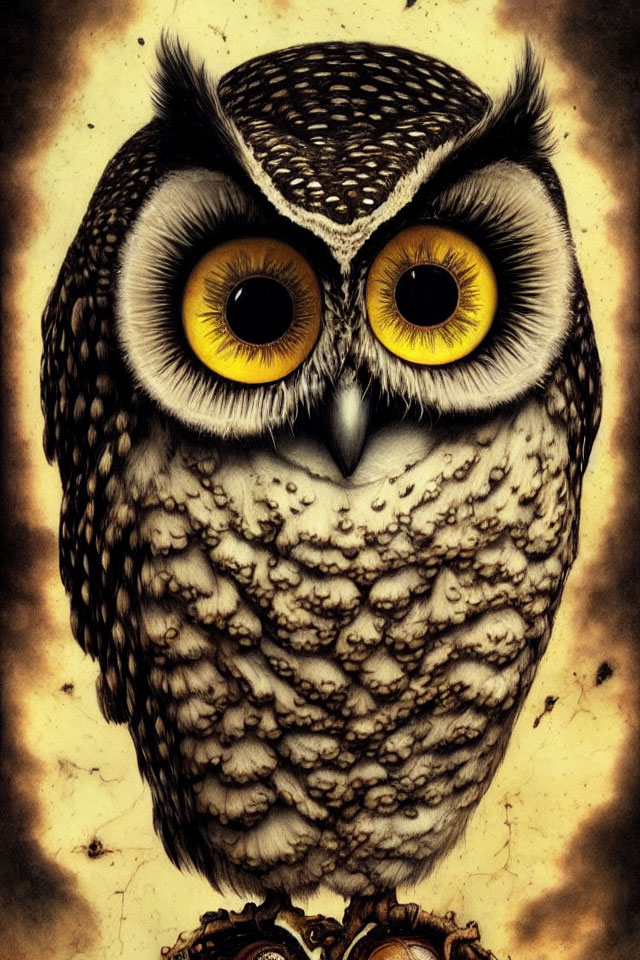 Detailed Owl Illustration with Intense Yellow Eyes on Sepia Background