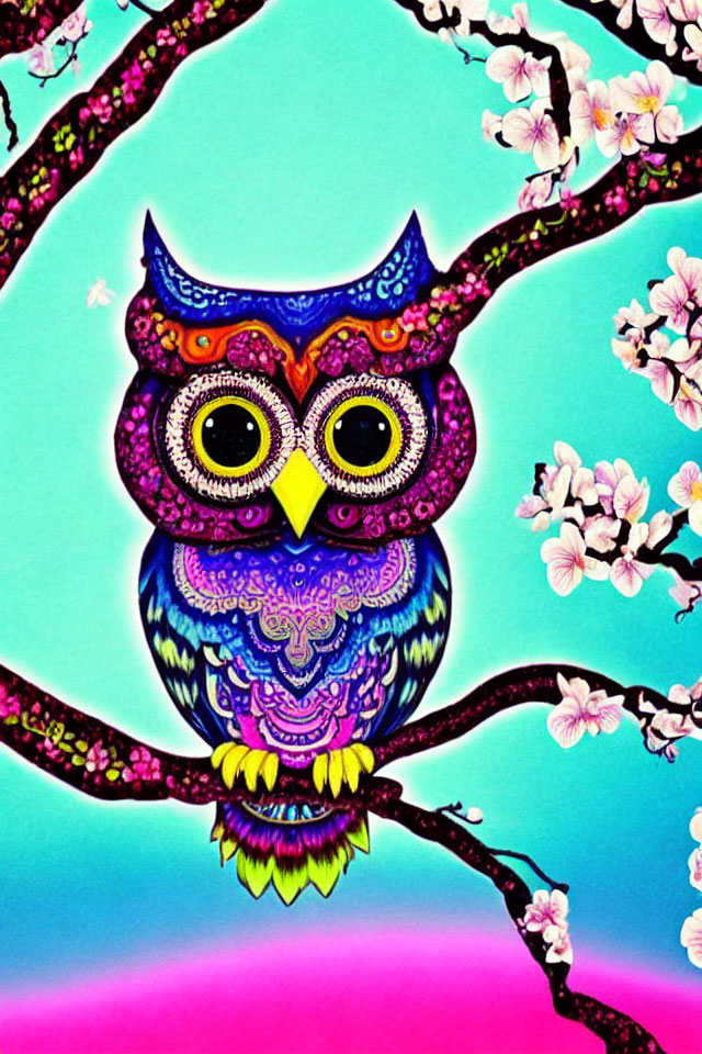 Colorful Owl Illustration on Cherry Blossom Branch in Teal Background