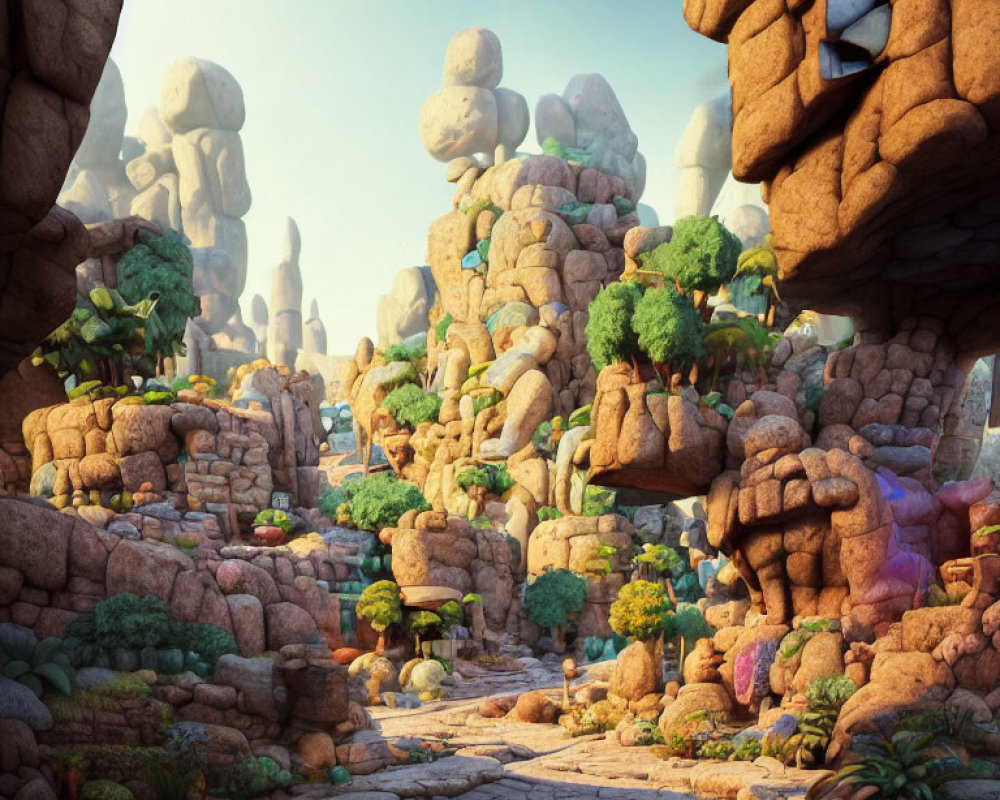 Enchanting animated landscape with cobblestone path, whimsical rock formations, lush vegetation, and