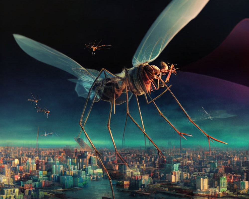 Enormous mosquito hovers above vibrant cityscape at twilight