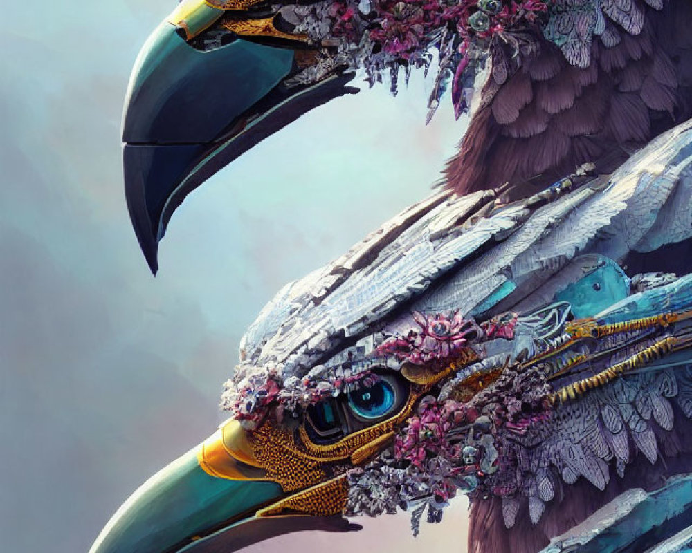 Eagle heads with floral and mechanical elements in steampunk art