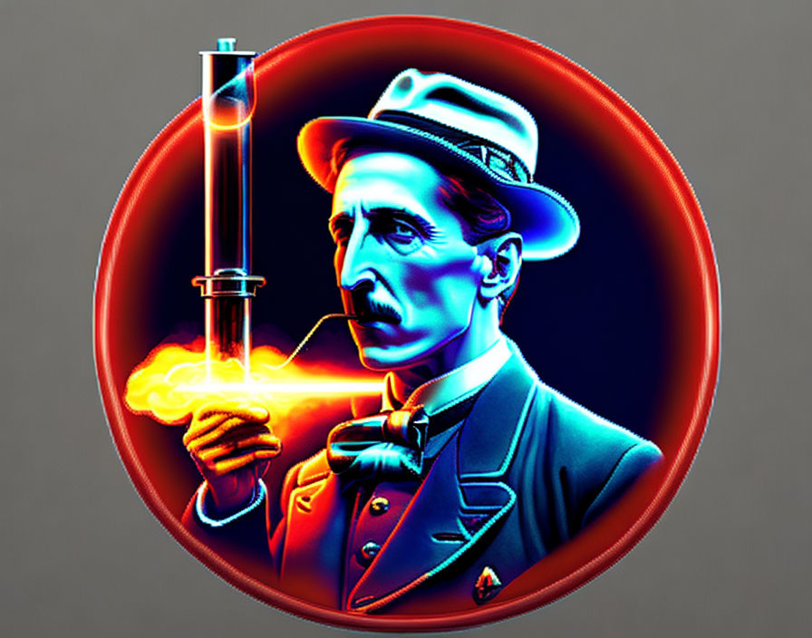 Neon illustration of man with mustache, hat, suit, smoking pipe, syringe, and