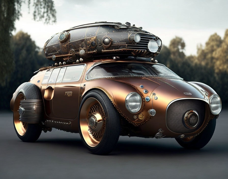 Vintage-Style Car with Steampunk Aesthetic and Copper Tones