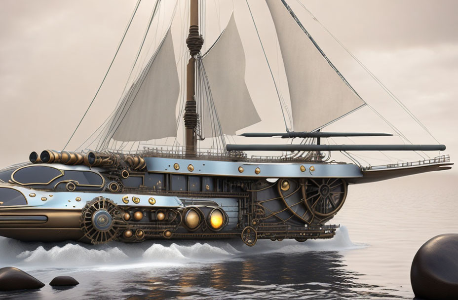 Steampunk-style ship with mechanical details and sails above cloudy sea