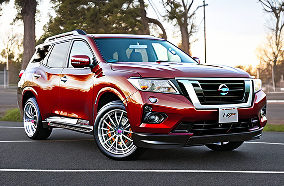 Red Nissan SUV with Chrome Detailing and Aftermarket Wheels on Asphalt Road