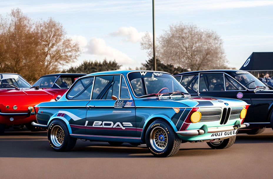 Classic Blue and White BMW Race Car Among Vintage Cars at Car Show