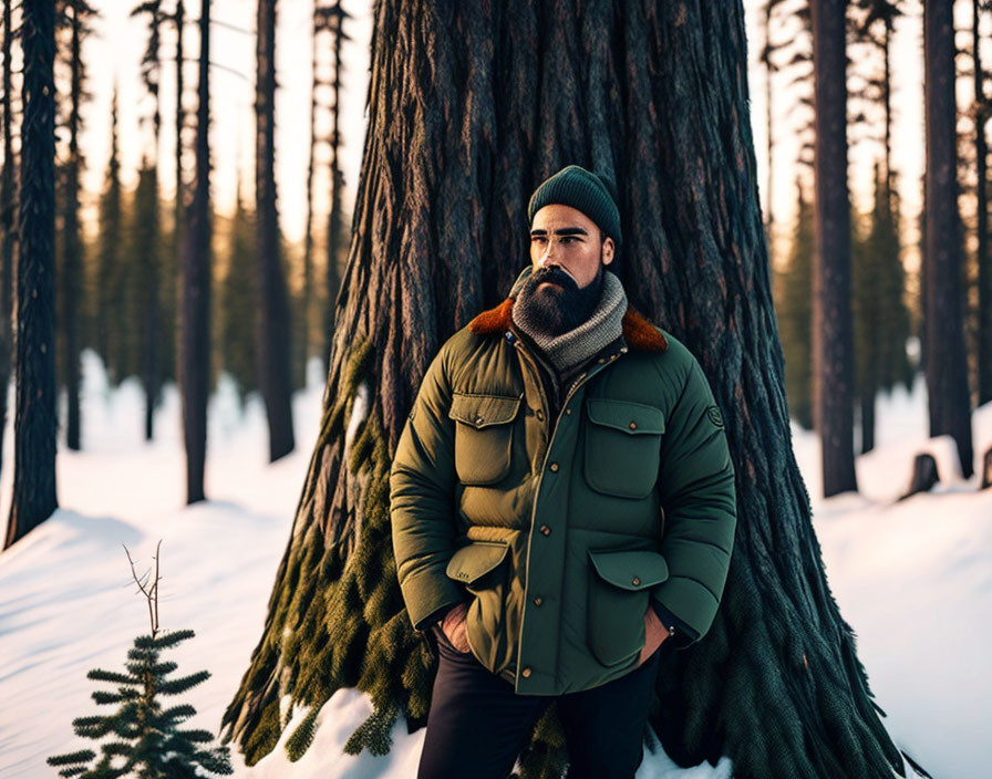 Person in Green Winter Jacket Stands in Snowy Forest