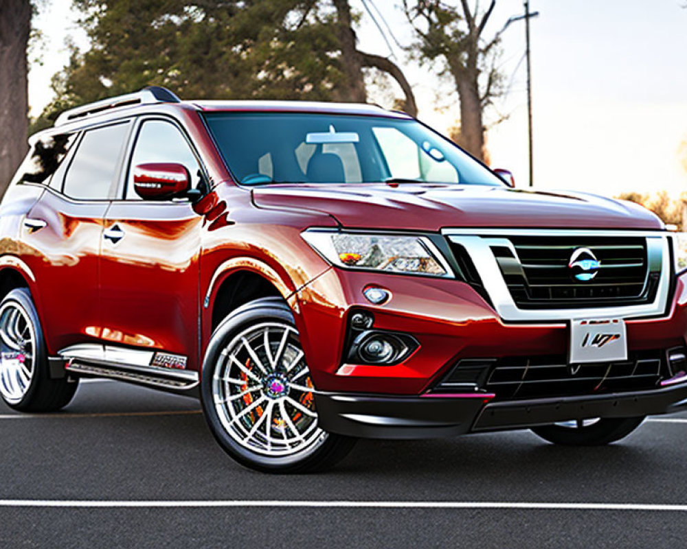 Red Nissan SUV with Chrome Detailing and Aftermarket Wheels on Asphalt Road