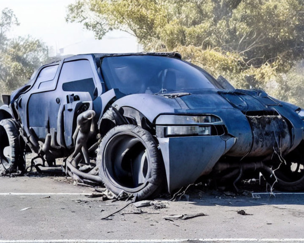 Futuristic armored car in disrepair on debris-strewn road